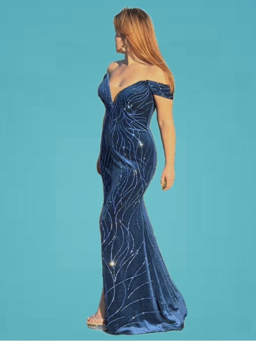 Elegant Off-Shoulder Navy Sequin Mermaid Prom Gown or Pageant dress